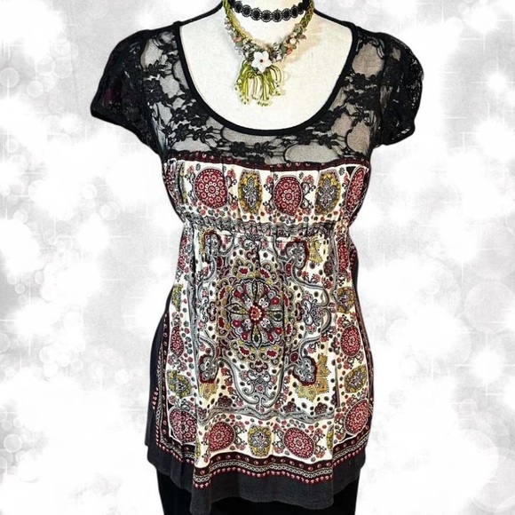 Alt Style Y2K Goth Black Lace Paisley Babydoll Top - Picture 1 of 6